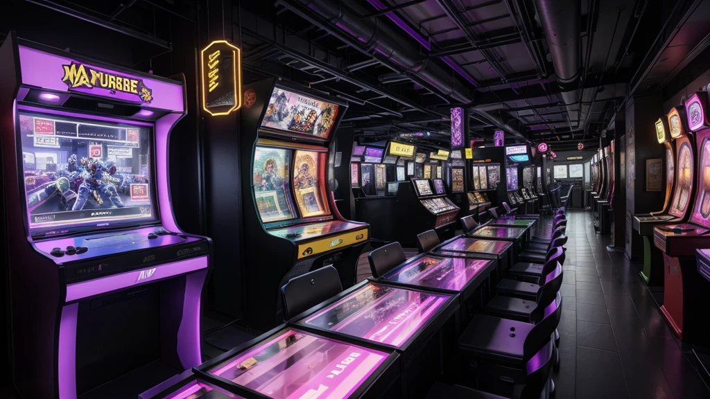 Make a black gaming arcade with purple details and with 2 people sitting waiting for customers the image must be realistic and well detailed the arcade must contain 8 machines to play and must have rgb light throughout the place the place must be a good size and must have consoles