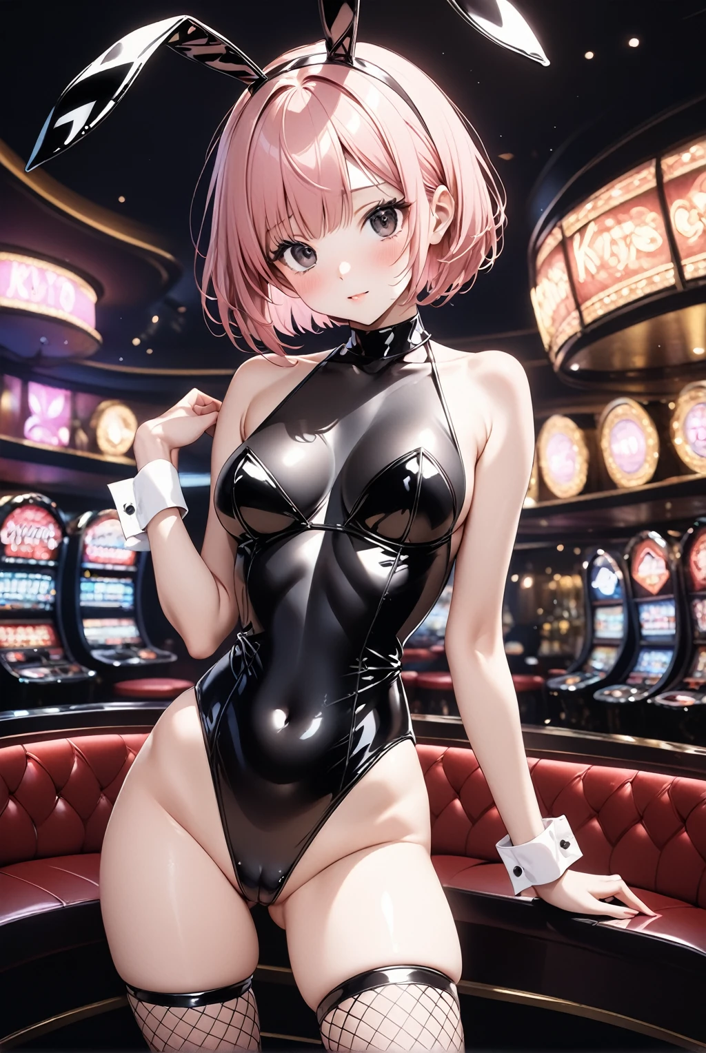 (black playboy_bunny, fishnet Panty stocking, wrist_cuffs), ((Kyoto Animation Style)), (solo), (Six-body woman), (1 cute girl), sexy, 25 years old, (masterpiece:1.2), (best quality:1.2), (very aesthetic:1.2), (absurdres:1.2), (detailed background),newest,ai-generated, (((Pink hair, short hair, bob cut, black eyes, small eyes))), (visible nipples:0.7), (camel toe:0.3),  Cute face, medium_breasts, ((Thin thighs)), dynamic poses, latex,Inside an upscale club, Inside the casino,