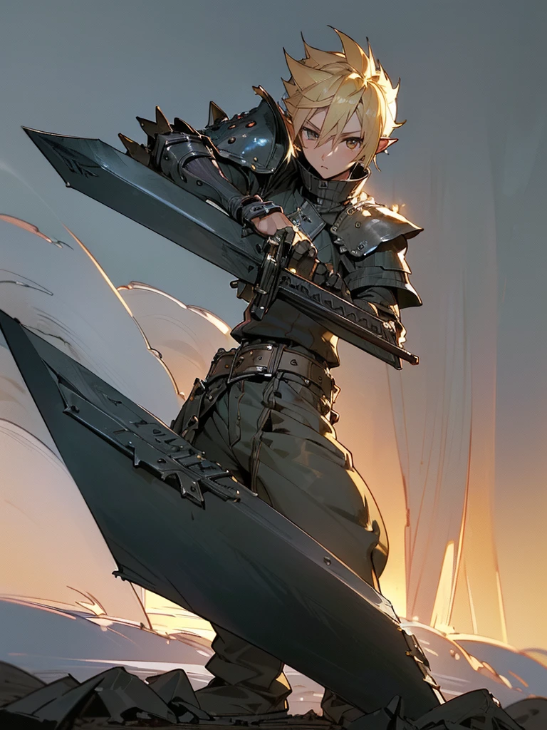 score_9,score_8_up,score_7_up,score_6_up,score_5_up,score_4_up, absurdies, (((Masterpiece of the highest quality.))), (((medieval fantasy))), (((Extreme details))), ((medieval fantasy swordsman)), ((based on cloud strife)), (medieval punk), ((fantasy great sword)) (((ultra detailed))), (((male))), ((male elf)), ((A 25 year old elf.))), (175 cm tall), (dynamic angle) ((blonde back stylized spiky short hair)), ((Brown eyes)), ((Exquisite and detailed face)), ((detailed expressive eyes)), ((Perfect eyes)), ((perfect hands)), (((Euphoric expression))), ((medieval half steel half black letter armor)), ((holding a huge greatsword in his hands)), (Up sword), ((detailed great sword)), (((4k))), ((Additional quality)), (Additional details), ((exquisite eyes)), (((Dynamic battle pose))), (((battle on the hill background))), ((cinematic lighting)), (((full body character))), ((extreme care of detail)), ((movie effects))