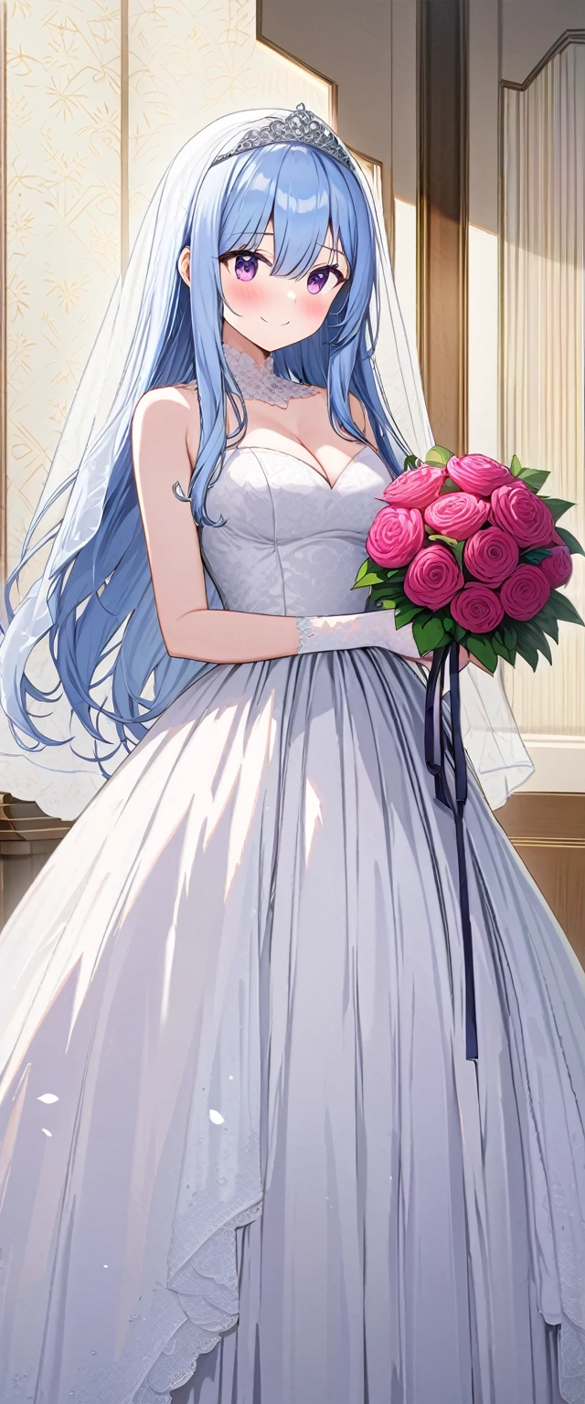 (masterpiece,best quality,high resolution,extremely detailed picture,16K,wallpaper,huge_filesize,cowboy shot:1.2,CG),(solo),alone,1girl,hetero,young,perfect balance,beautiful character design,pale skin,((pale blue hair:1.4),(bangs),(long hair:1.4),hair between eyes,(purple eyes:1.4),perfect eyes,(beautiful nose),two dimensional nose,character nose,closed mouth:1.4,smile,(blush:1.4),perfect face),beautiful body,cleavage,(large breasts),(Sexy thighs),((Wedding hall:1.4),bride,tiara,(transparent veil),(wedding dress:1.4),lace fingerless gloves,white long skirt,white pantyhose),bouquet,(standing:1.4),(turn your face and body straight:1.4)