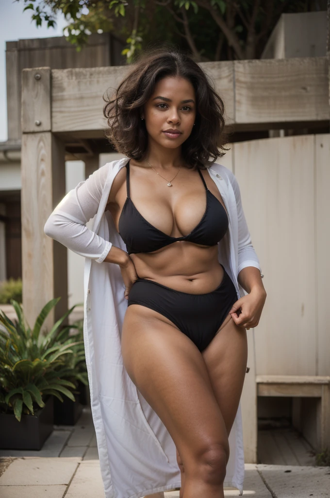 Roxanne Hancock, her name is Shaniqua, high quality, 1 old woman, ((50-year-old pear shaped body black woman)), ((50 years old)), (((pear shaped body 1.9))), (thick thighs), ((wrinkled body)), ((((old body)))), ((short curly hair)), (no make up), (she is wearing a casual chic outfit), POSE: standing, BACKGROUND: outdoor: mardi grass