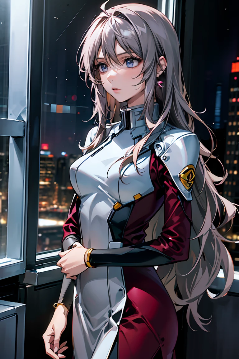 「A 20-year-old young female pilot、Height: 165cm、(Long wavy silver hair:1.8, Deep purple eyes)。With skin as white as porcelain、His calm and intelligent expression exudes kindness.。Wearing an elegantly designed futuristic suit、Silver and purple accents。A shiny bracelet on his left wrist、She has a small earring in her right ear.。The background is a futuristic cityscape seen from a room in a high-rise building.、Outside the window, the night city spreads out。In a standing position、Hold the window frame lightly with one hand、Gazing into the distance。He exudes an air of keen intelligence and deep compassion.。」)