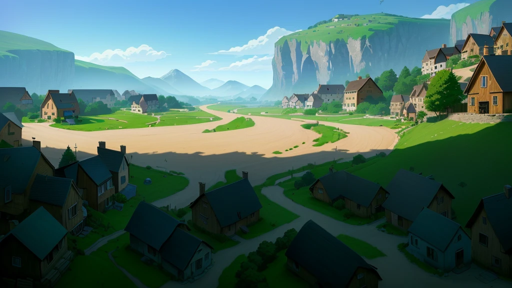 Cartoon scene of a small village with a road and a house, background technology, Distant village background, 2D Game Art Background, Draw as game concept art, mobile Game Background, 2d Game Background, 2D Game Environment Design, Random background scenes, Landscape Game Concept Art, background technologywork, stylized concept art, Game Background, anime background technology, Arena Background