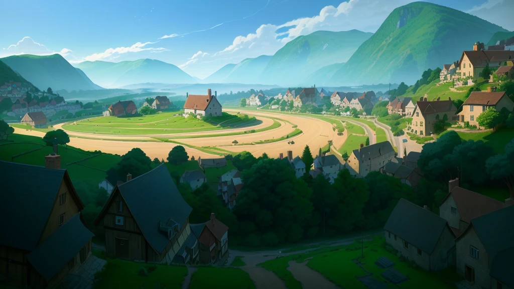 Cartoon scene of a small village with a road and a house, background technology, Distant village background, 2D Game Art Background, Draw as game concept art, mobile Game Background, 2d Game Background, 2D Game Environment Design, Random background scenes, Landscape Game Concept Art, background technologywork, stylized concept art, Game Background, anime background technology, Arena Background