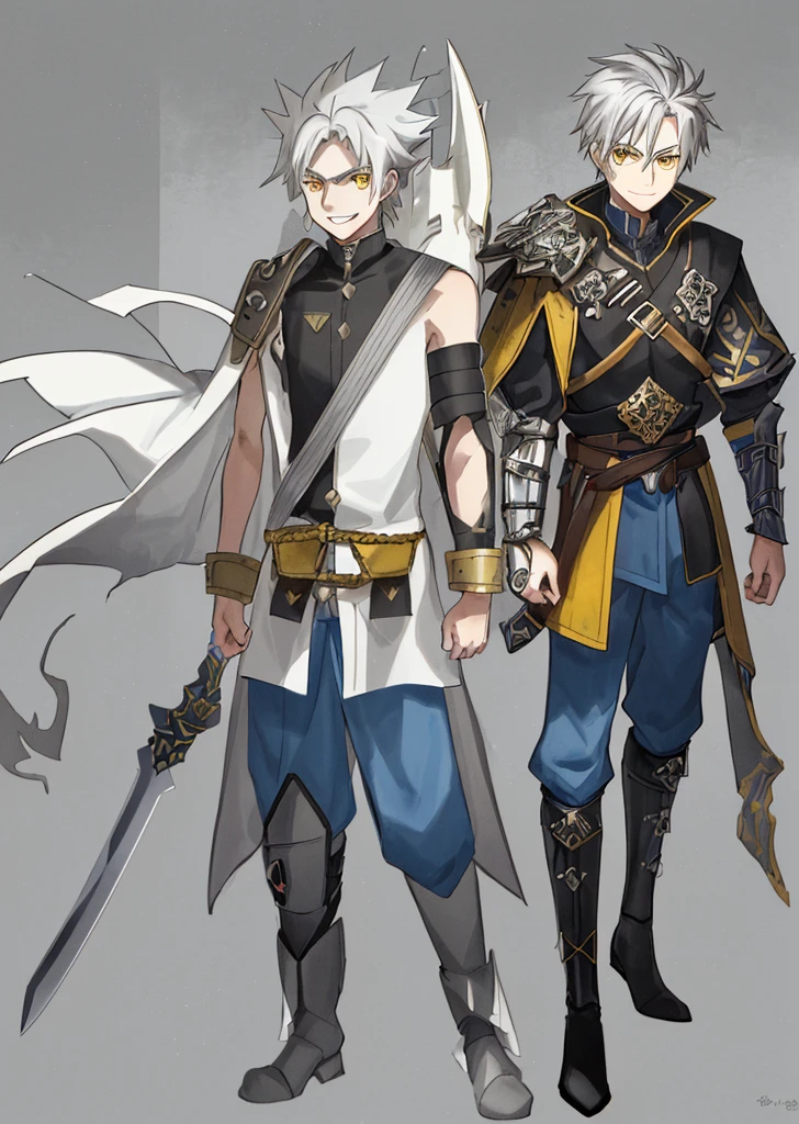 Anime, 1boy, messy gray hair, gray eyebrows, yellow eyes with black highlights, white skin, wide smile showing teeth, wears a long white coat with yellow and brown accents, the back of the coat extends to the knees, wears a brown shoulder protector on the right, the coat is long-sleeved, has stripes on the right sleeve of the coat, and has a tribal protector on the left sleeve, blue pants with black accents, black boots, carries a sword on his back using a strap looped from his right shoulder to his left waist, the sword has a red gemstone on the pommel with a clearly visible rune inside.
