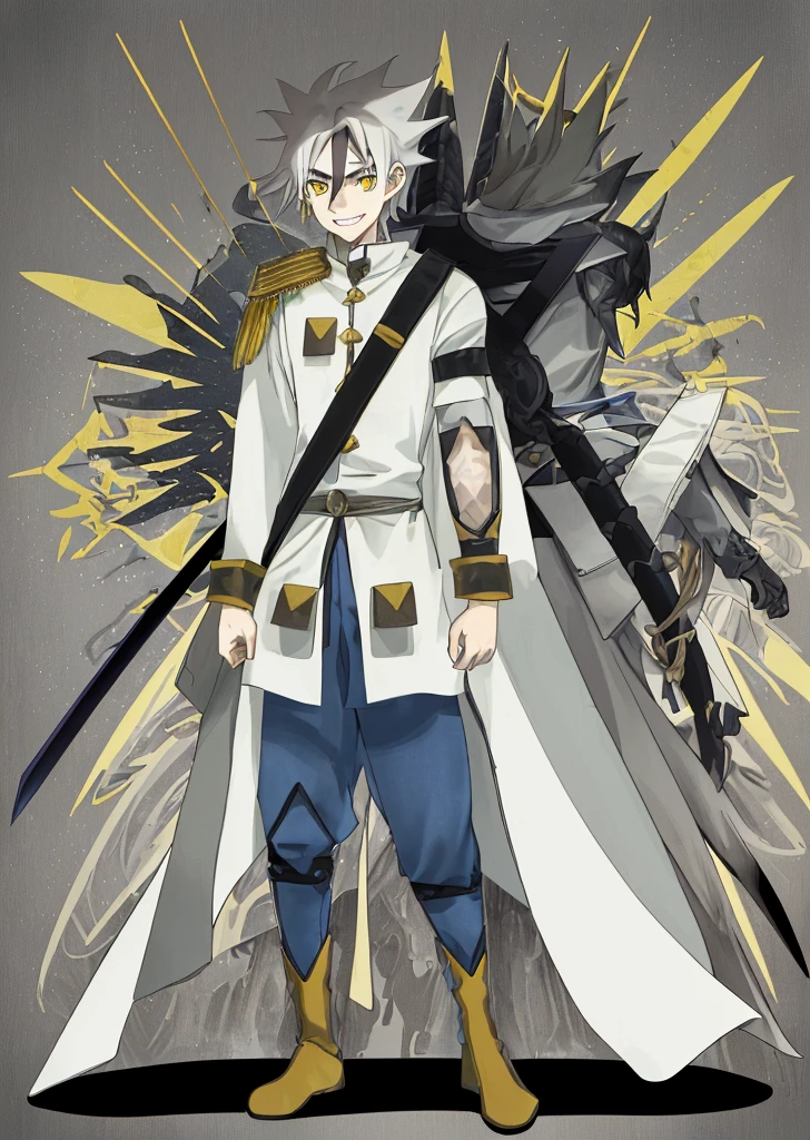 Anime, 1boy, messy gray hair, gray eyebrows, yellow eyes with black highlights, white skin, wide smile showing teeth, wears a long white coat with yellow and brown accents, the back of the coat extends to the knees, wears a brown shoulder protector on the right, the coat is long-sleeved, has stripes on the right sleeve of the coat, and has a tribal protector on the left sleeve, blue pants with black accents, black boots, carries a sword on his back using a strap looped from his right shoulder to his left waist, the sword has a red gemstone on the pommel with a clearly visible rune inside.