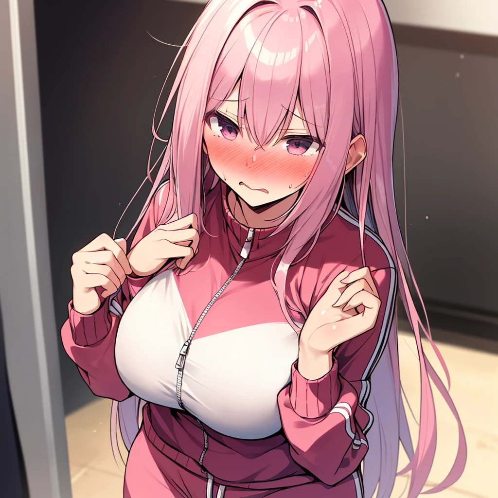 ((masterpiece)) (large breasts) (best quality) beautiful face, embarrassed, blush up, Gotoh hitori, pink hair, long hair, pink tracksuit, skirt, 