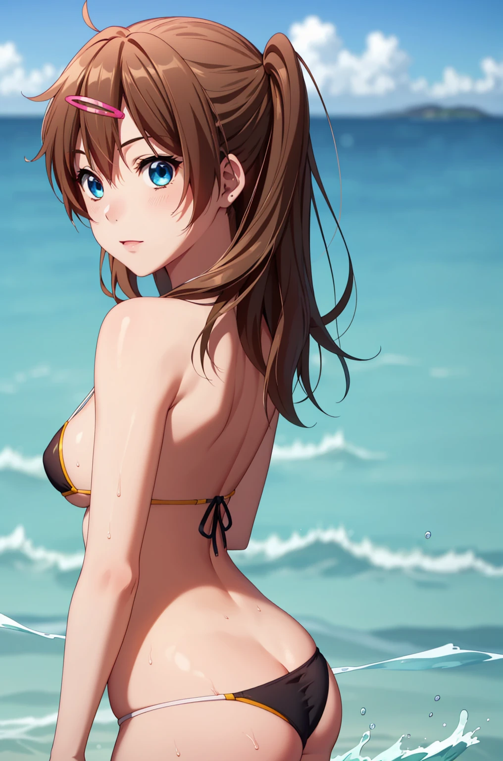 ((masterpiece, Highest quality, High resolution, uhd, Pixel perfect, Depth of written boundary, 4K, RTX, HDR)), 1 Girl, single, alone, 24-years-old, Anime Girls, Beautiful art style, anime character, ((Parted bangs, Brown Hair)), (blue eyes、Round eyes, Delicate eyelashes、Beautiful eyelashes, Perfect Eyes), (Detailed face:1.2), (Smooth texture:0.75, Realistic texture:0.65, Realistic:1.2, Cinematic, Anime CG Style), Perfect body, Ocean:1.3、Moderately good breasts:1.7、Micro Bikini:1.8、Visible from the thighs:1.9、Wet、Water Drop、Splash、nsfw、visible from below、Seen from behind