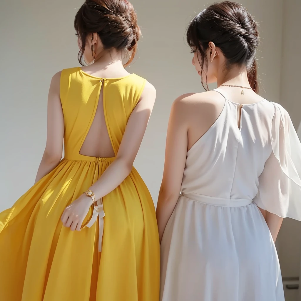 Beautiful back view、Korean women、Yellow dress showing the back、White background、bright、photograph