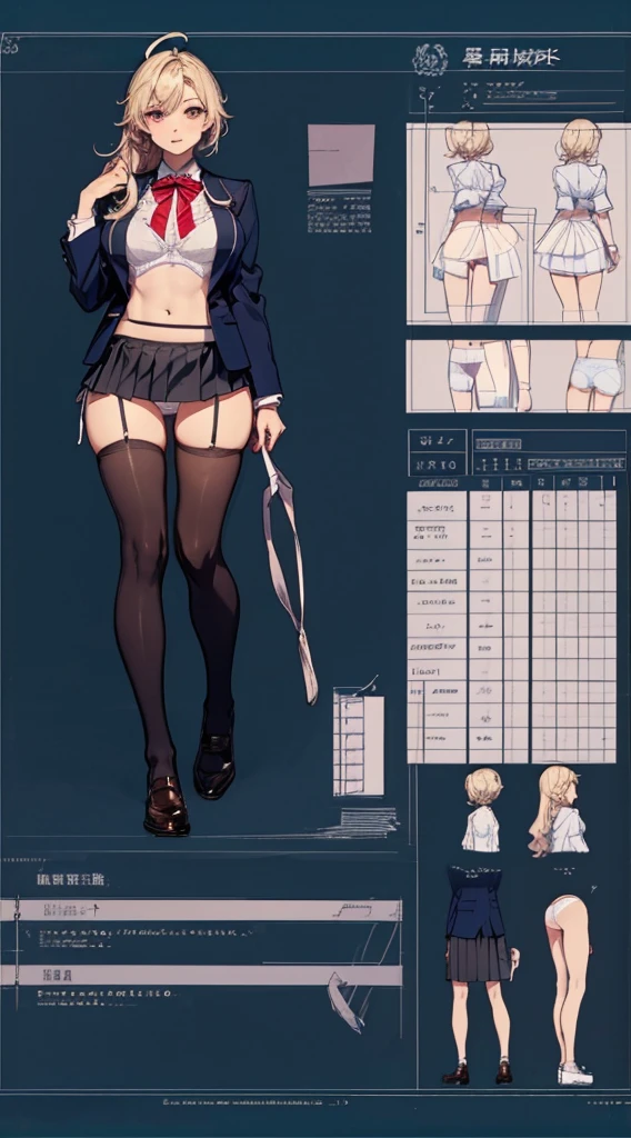 girl, alone, whole body, From head to toe, Are standing, (Huge_chest:1.3),
Character design sheet, Character Reference Sheet, 設計図のSchematic, Drafting, Blueprint, Schematic,
((Character design sheet:1.7, Character Reference Sheet:1.7,)),
anime/cartoon character wearing a girls , 1girl, alone, Thigh-high socks, blazer burezaa (blazer), Ahoge, Long Hair, bow, , shoes, loafers, ribbon, (Very short skirt:1.4), (panties:1.5),, (Good:1.7),(In underwear:1.8),nsfw,Full nudity、