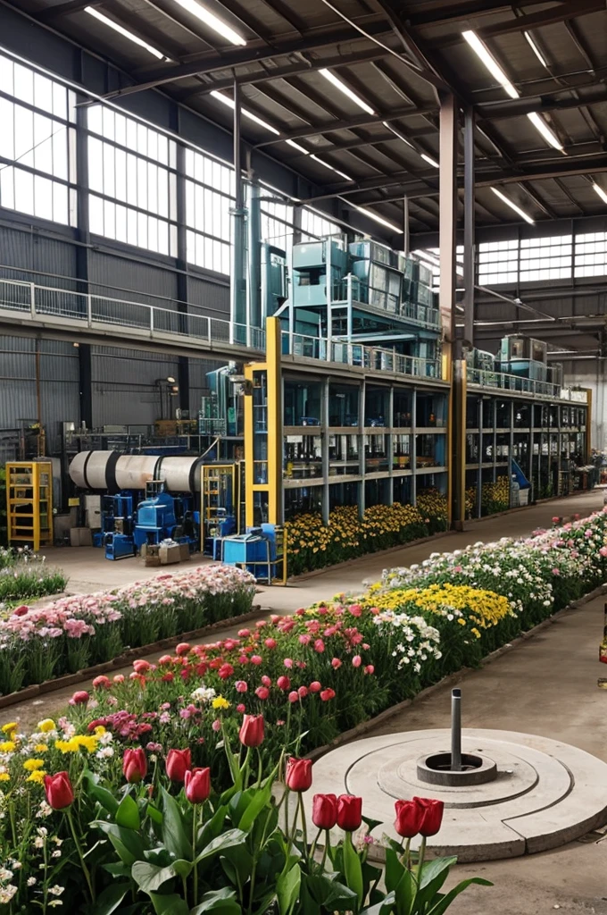 Factory with flowers around the base