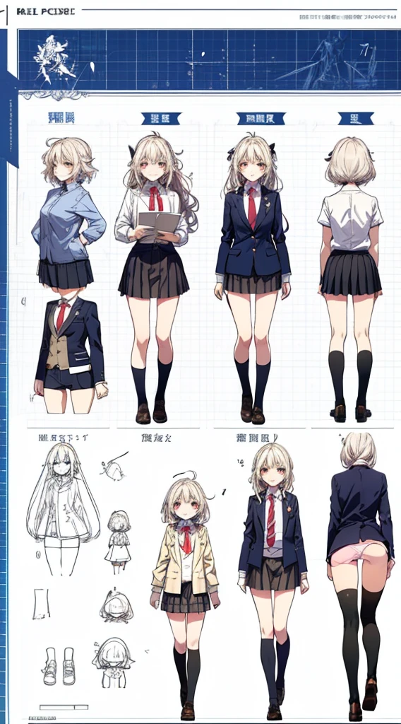 girl, alone, whole body, From head to toe, Are standing, (Huge_chest:1.3),
Character design sheet, Character Reference Sheet, 設計図のSchematic, Drafting, Blueprint, Schematic,
((Character design sheet:1.7, Character Reference Sheet:1.7,)),
anime/cartoon character wearing a girls , 1girl, alone, Thigh-high socks, blazer burezaa (blazer), Ahoge, Long Hair, bow, , shoes, loafers, ribbon, (Very short skirt:1.4), (panties:1.5),, (Good:1.7),(In underwear:1.8),nsfw,Full nudity、