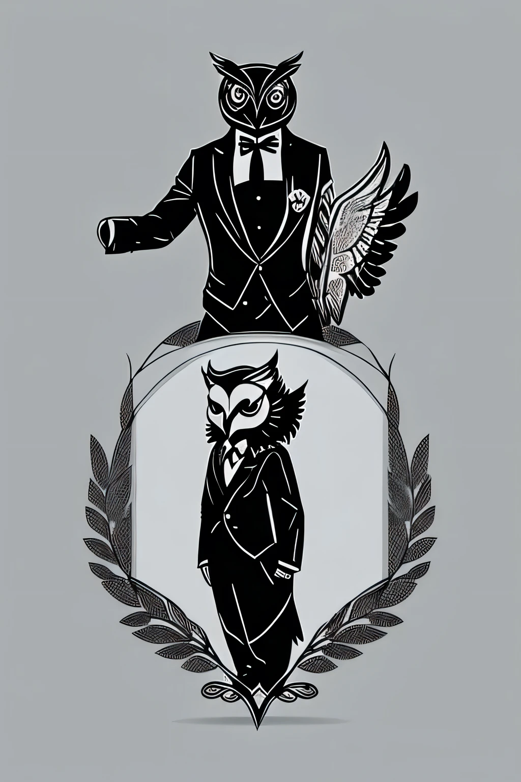 Logo, owl in a man's body wearing a suit, balck and white sketch