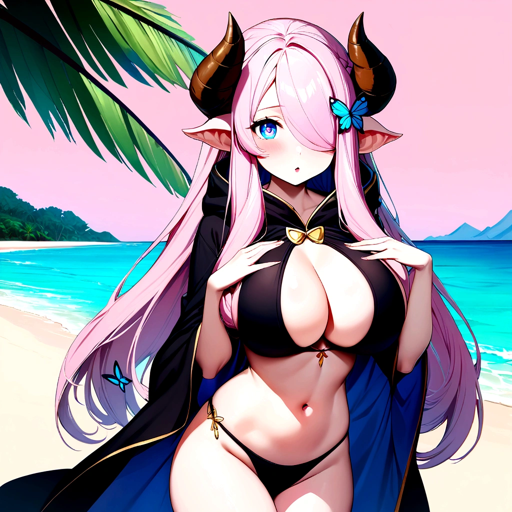 Vibrant, high-definition anime-style illustration set on a tropical beach. The layout features a central female character, Narmaya, with long pink hair, partially covered by a hooded cloak adorned with brown horns. She has fair skin, large expressive blue eyes and pink pupils, and a small blue butterfly hair clip. One eye is covered by her hair. The character is wearing a revealing black bikini with gold accents, and her hands are holding the edges of her cloak. The background showcases a pristine beach with white sand, lush green foliage, and tall palm trees. The clear blue sky and turquoise ocean complete the idyllic setting, with distant islands visible on the horizon. Narmaya and her attire are meticulously detailed. The intense effort put into shading brings this image to a realistic style. Gorgeous vibrant colors draw the eye. Narmaya's suggestive stance brings the viewers focus to her large and perfectly shaped breasts. (masterpiece), best quality, expressive eyes, perfect face, suggestive pose, purple and pink background, seductive, fantasy, 8k, absurdres, narmaya, pink hair, blue eye with pink pupil, hair over eye, draph, horns, butterfly hair clip, black bikini, hood, defined hands, perfect hands, perfect fingers,