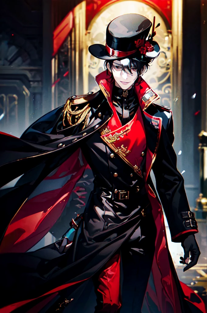 black t-shirt, red trench coat, long red coat, black top hat, black jeans, golden details, brown boots, black hair, black eyes, tall, ring leader, male, guy, mature, handsome, golden trails, offering hand to viewer, smiling, closer to viewer