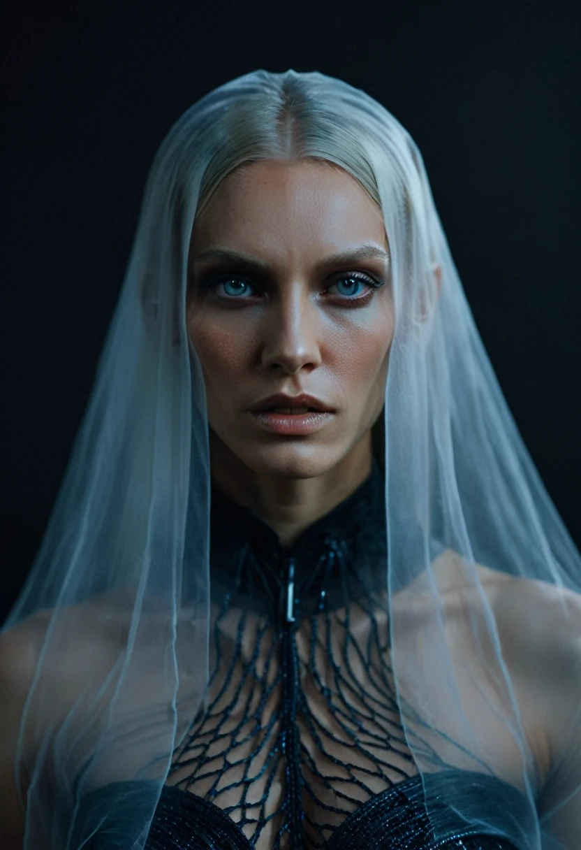 Fashionable of androgynous alien looking witch wearing veil, glowing eyes, beautiful evil slavic muscular woman, pale skin, long dark blond hair, futuristic design, minimal details, givenchy, photoreal, 200mm, hd, f/ 2.0, highly detailed, surreal , drop dead, in the style of red and blue, (intricate details, hyperdetailed:1.15) (skin texture:1.2), by Peter Hegre, photography studio,__perspective__, cinematic, professional, 4k, (((dynamic model pose))), sitting, full body, mesmerizing, dynamic, dramatic, sensual, dynamic pose, highly detailed skin with hair, subcutaneous veins, light and shadow play, highly detailed,24mm photograph, film, bokeh, professional, 4k,