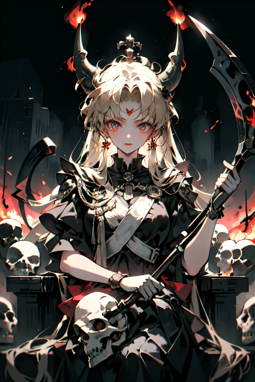 ((best quality)), ((masterpiece)), (detailed) ,Big Black Horns, Fire everywhere, Scythe in hand, Colorful eyes, Sitting on Throne of skull, Crown on head, Female, Looking down , Aloof, Red eyes, Scythe in hand , Mature in 30s
