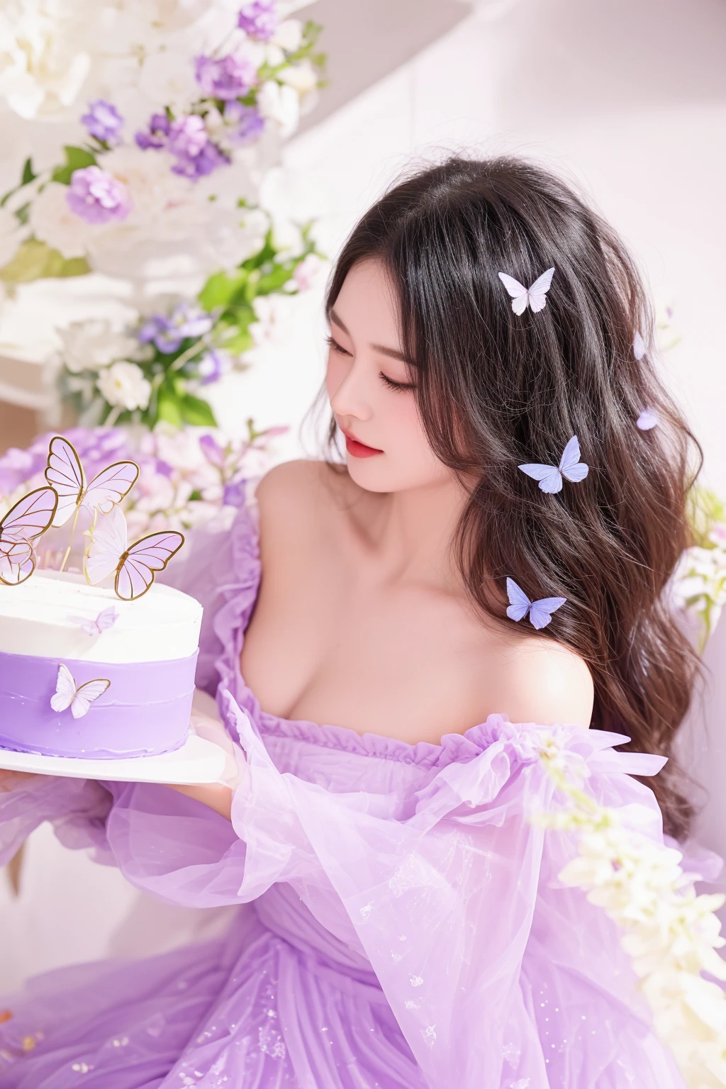 araffe woman in a purple dress holding a cake with butterflies on it, beautiful adult fairy, sakimichan, eating cakes, happy birthday, fantasy photoshoot, fairycore, krystal, aesthetic cute with flutter, holding a birthday cake, iray, beautiful adult fairy queen, yummy, 4k post, 4 k post, captured on canon eos r 6
