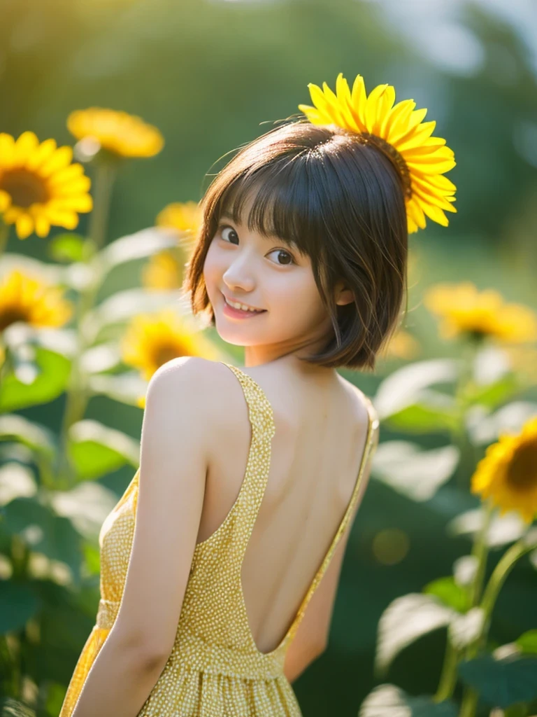 Image quality:best quality
Camera Focus: blur background
light:Side light
composition:Composition of thirds、Standing in front、Looking at the camera person:20 years old woman,Japanese,actress
pose:Hands behind the back:Sunflower hairstyle: Short Bob、Swinging Hair、With bangs
Dress:casual
facial expression: happy