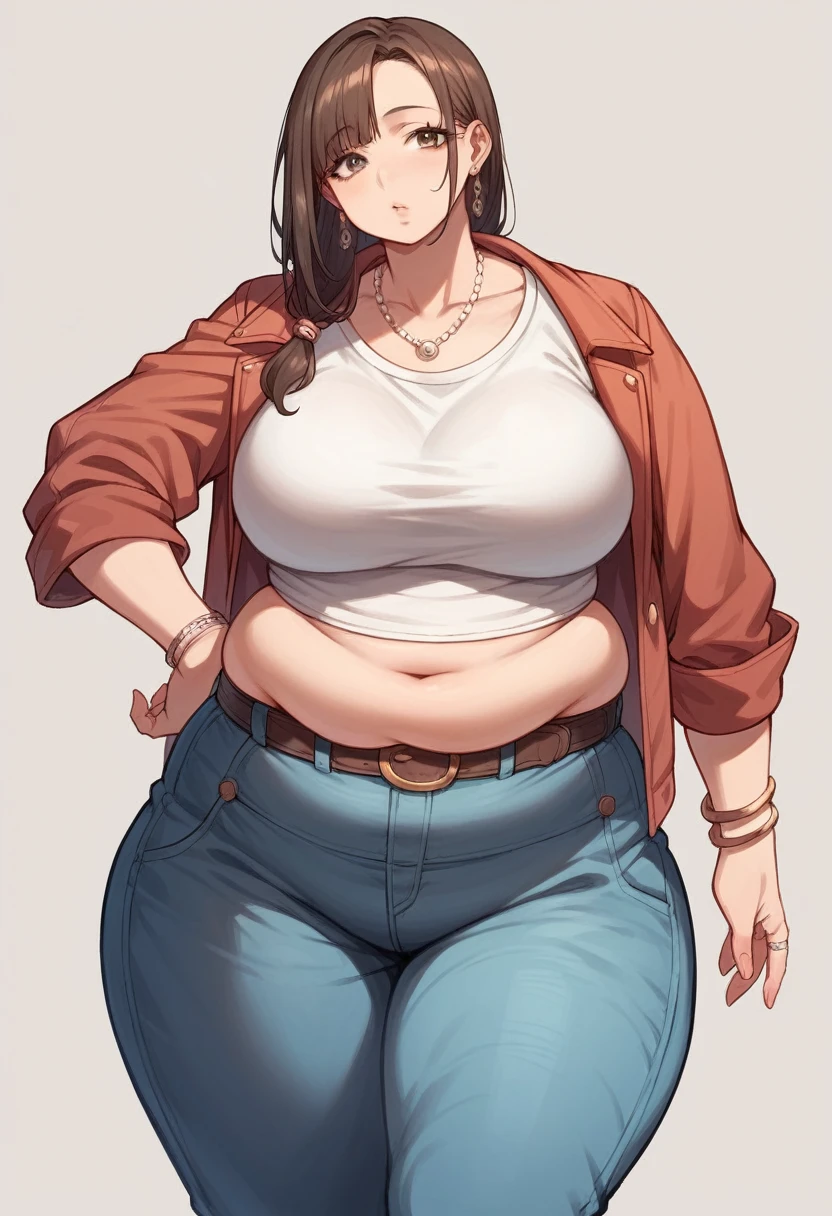 Curvy anime girl, overweight fat girl, pretty anime girl, beautiful chubby anime girl, big tummy, large breasts, wide hips, curvy butt, stomach rolls, stomach bump, fashionable, cool clothes, fun clothes, fashion, accessories, jacket, jewelry, bracelet, earrings, necklace, rings, accessories, belt, skirt, dress, pants, shirt, long shirt, low cut tshirt, baggy shirt, cute, cool fashionable girl