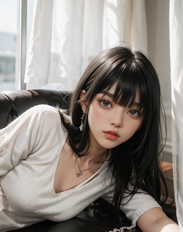 woman in a white top and a necklace around her neck, she has black hair with bangs, 18 years old, white fringecabelo preto, 🤤 picture of , with bangs, fluffy bangs, black hair and white fringe, with short hair with bangs, white fringe, curtain fringe, 16 years,  19 years old