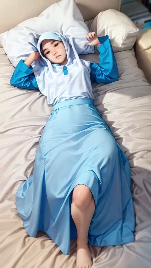 ultra realistic,ultra high quality,ultra high resolution,ultra high definition,maximum sharp focus,octane renderings,wide angle view,full body shot image of a stunningly beautiful delicate face 18 years old girl was sleeping on a white small,single bed.She lays her head on the pillow and her body back on the bed.She wears ((short white hijab)) , white longsleeve satin dress((only)), and ((BLUE COBALT long plain straight skirt)), soft focus