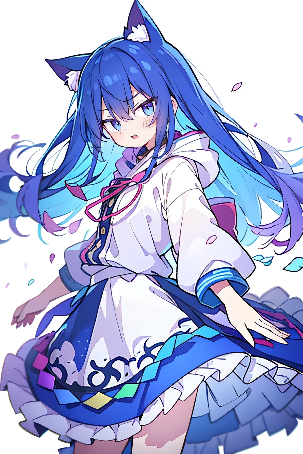(masterpiece:1.2),Super detailed,lifelike,Expressive eyes,fair skin,perfect face shape,1 girl,
Japanese comics,Gorgeous blue hair,flowing blue hair,flowing clothes,Cat ears,Petals fall,beautiful lola,Baby Angel,
Shaking head with one hand,Cross your legs,Gentle and peaceful background,The pavilion is cool and comfortable,smile, wearing hoodie, background of tokyo,back views,snowing, winter,Angel wings,The world is open,shameful expression、Upper Body、close up、coat、skirt