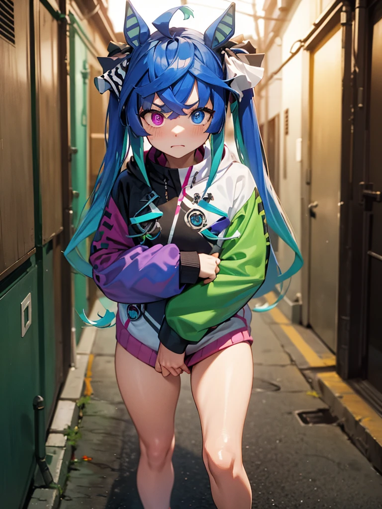 (​masterpiece、top-quality、hight resolution)、A scene depicts a streetwalker in a quiet, dark alley at night, nervously offering her services. She stands with a hesitant posture, her eyes downcast, and her hands fidgeting. She shyly asks, "Brother, would you like to buy me?" The background is a dimly lit alley with shadows cast by the few distant streetlights, emphasizing the isolation and vulnerability of the moment. Twin_Turbo_Umamusume, aqua hair, twintails, heterochromia, purple eyes, blue eyes, sharp teeth, multicolored hoodie, flat chest, hores tails, nsfw, ((embarrassment))