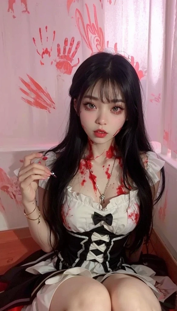 Araffe vestido com um vestido branco e vestido preto e branco, cruel korean goth girl, Ulzzang, Bloody, olhar assustador, gothic horror vibes, pale woman covered with blood, Gapmoe Yandere Grimdark, Gapmoe Yander, aesthetics of horror, brutal sangrenta e maquiada, Yandere, brutal sluty sluty maquiagem, zumbi bonito