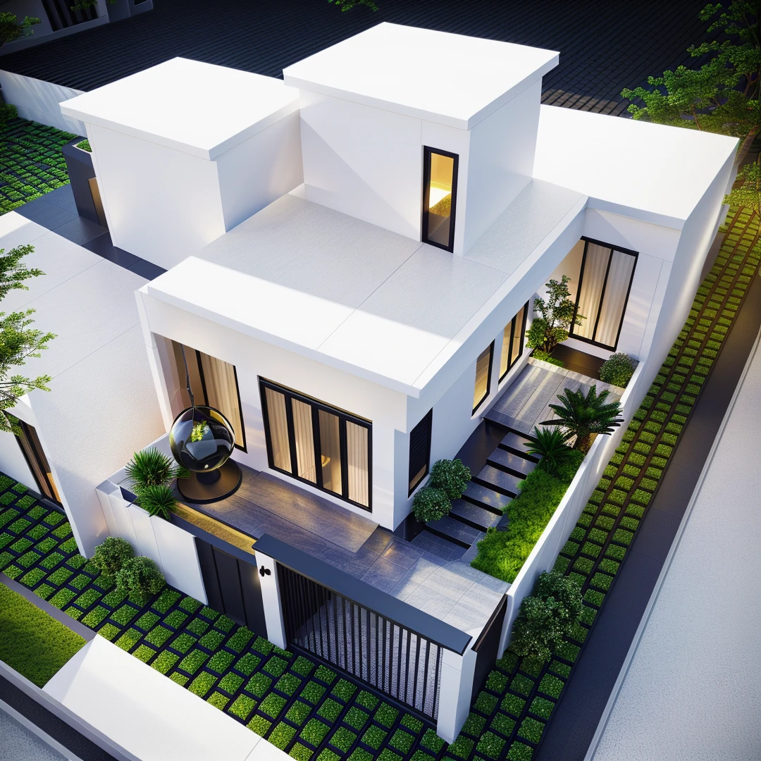 Minimalist modern architecture, The main materials of the house include white walls, stone cladding, trần ốp gỗ, glass railing, hình ảnh chân thực, extremely detailed, a modern house, 1 road in front of the house, Large yard made from ceramic tiles, brick fence, grass, go bông hoa nhỏ, a road in front of the house, The main materials of the house are white walls and bricks, trần ốp gỗ, Modern design, blue sky, (warm light from inside 1.2), Dynamic lighting, sparkling light, cinematic lighting, how to read it mạn, (((night light, warm light)))