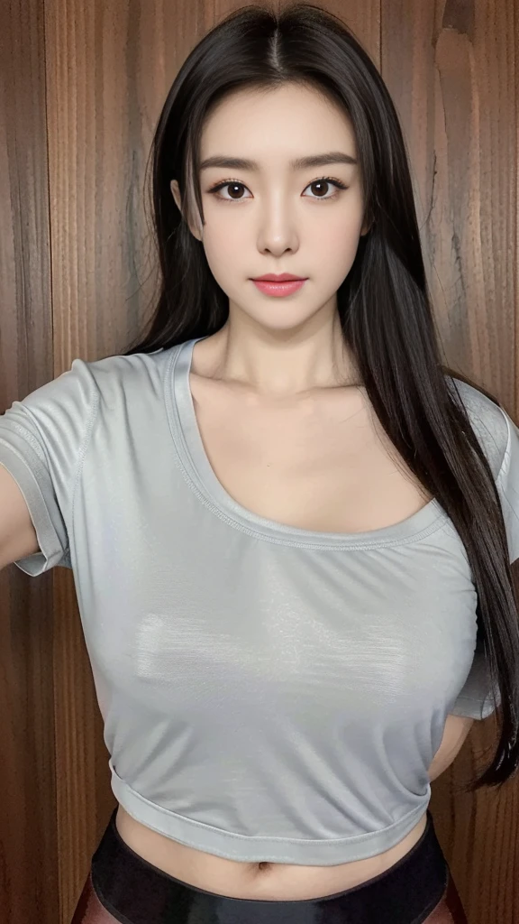 ((best quality, 8K, masterpiece, Clear focus )), 18 years old young Korean girl, ((Dark brown long hair, Huge breasts,Large chest,Hypertrophic breasts:1.3)), Slim abdominal muscles :1.5,((Low-cut spandex short T-shirt :1.6) ), (Wooden wall background :1.2), Highly detailed face and skin textures, Delicate eyes, Double eyelids, Toothy smile,sweet,cute,collagen,cosmetic,Focus on the chest,Cleavage:0.1,((There are no hands in the picture:2))