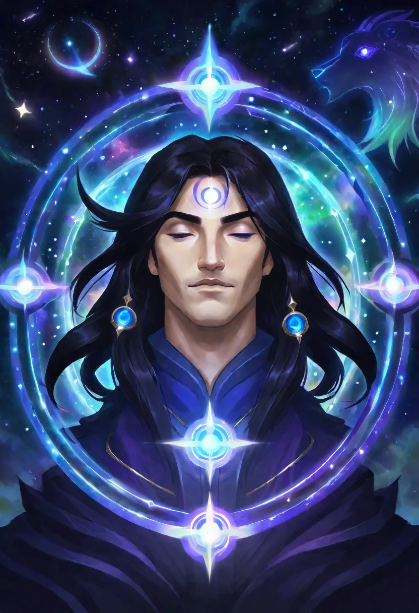 A man meditates in the endless starry sky，Has long flowing hair，There are circles in his eyes，There are five shadows of different shapes around him.，Warrior Mage Archer Support Warrior，They surrounded this man，But she looks exactly like this man.