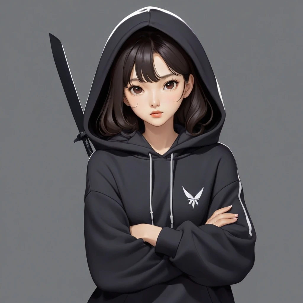 Kang Sae-byeok, Squid Game, Jung Ho-yeo, holding a knife with her hand, wearing a black hoodie, simple background,cool anime pose
