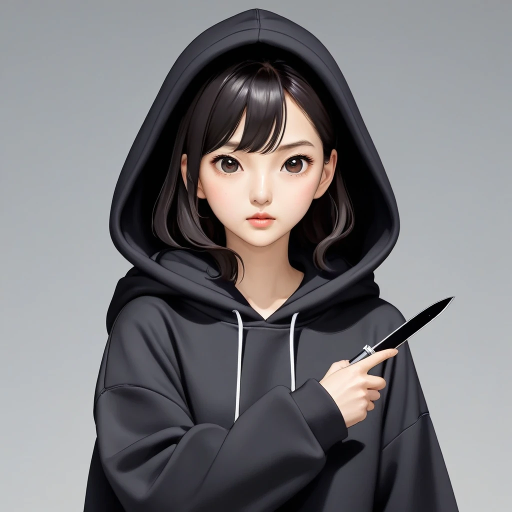 Kang Sae-byeok, Squid Game, Jung Ho-yeo, holding a knife with her hand, wearing a black hoodie, simple background,cool anime pose
