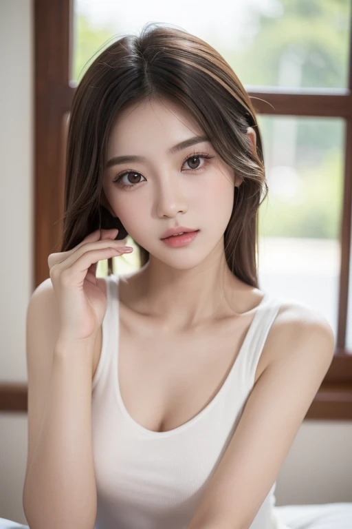 female cute-girl-amature-young age-20 Nikon:Z9:85/1.2 beautiful chinese-thai-girl pretty-face eye-contact Tank-top-deep-v-neck skin-pale/white light-brown-hair big-light-brown-eye cup-C-35-round-breast