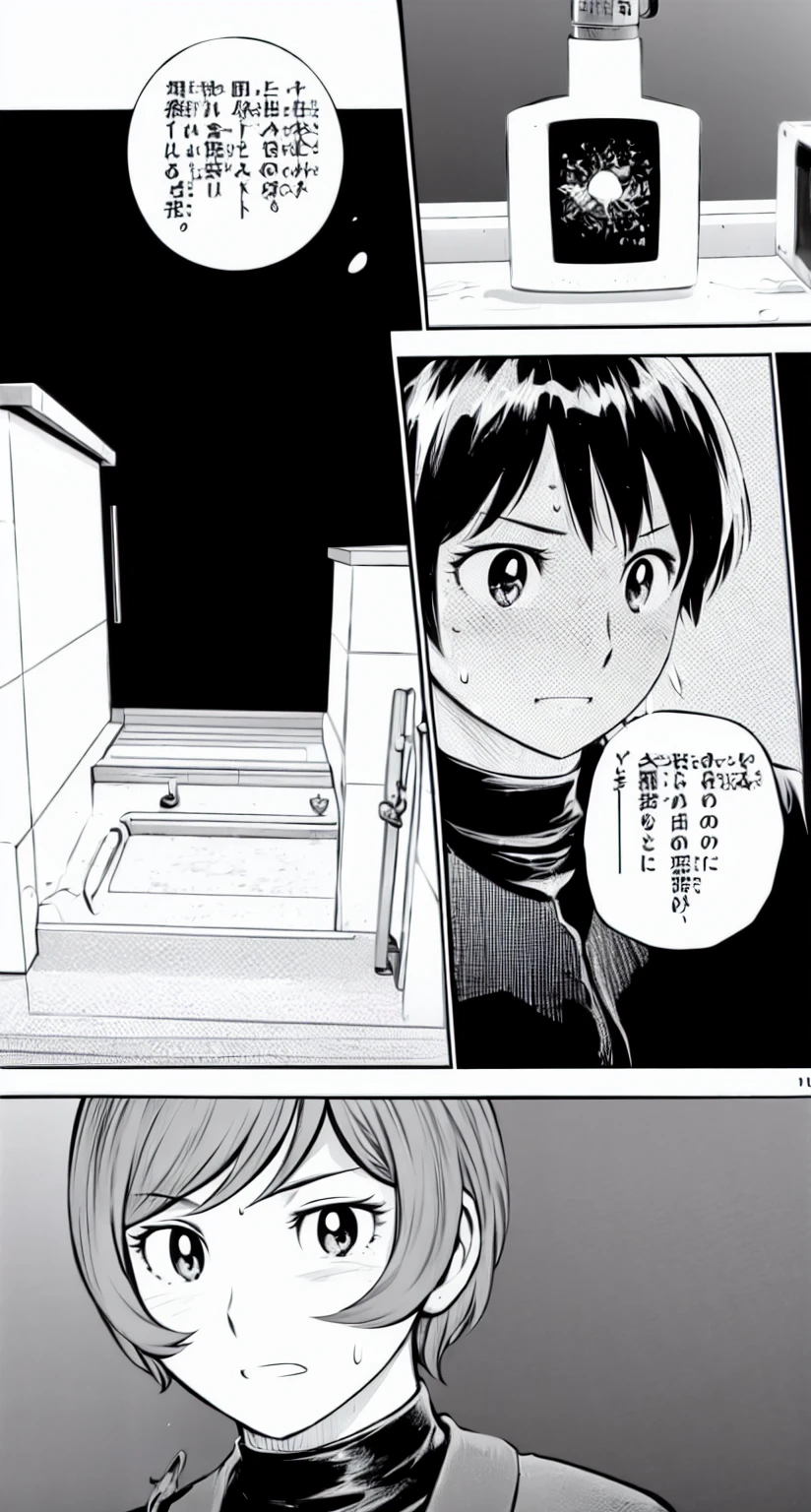 、(masterpiece、Highest quality)、Highest quality, Ultra-high resolution, (((masterpiece))), alone, Sweat、Big eyes, Composition from the front、Shortcuts、Embarrassed face、Blonde、Cut the back hair short、Monochrome、Pencil drawing、comics、Bathroom、Shower scene、Breasts exposed、Completely naked、pubic hair、belly button、Large areola、Nipples、short hair