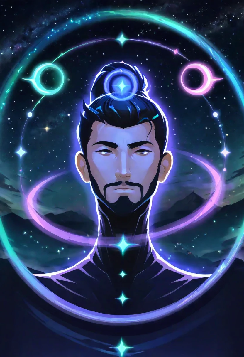 A man meditates in the endless starry sky，There are circles in his eyes，Wearing a high ponytail，There are five shadows of different shapes around him.，Warrior Mage Archer Support Warrior，They surrounded this man，But she looks exactly like this man.