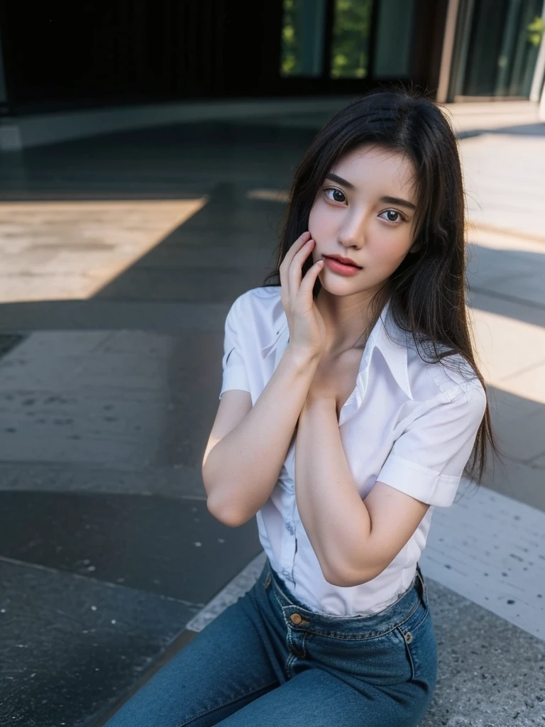 ((Highest quality, 8K, masterpiece :1.3)), Sharp focus :1.2, Beautiful woman with perfect figure :1.4, 1 Girl,Slim Abs :1.2, ((Dark brown hair,chest :1.2)), (White long formal shirt)(Unbutton your shirt.), Gray background:1.2, Highly detailed face and skin texture, fine grain, double eyelid,Beautiful Hands,Five Fingers,Fashion model posing,Full body portrait,Cowboy Shot,jeans,Cast a Shadow,