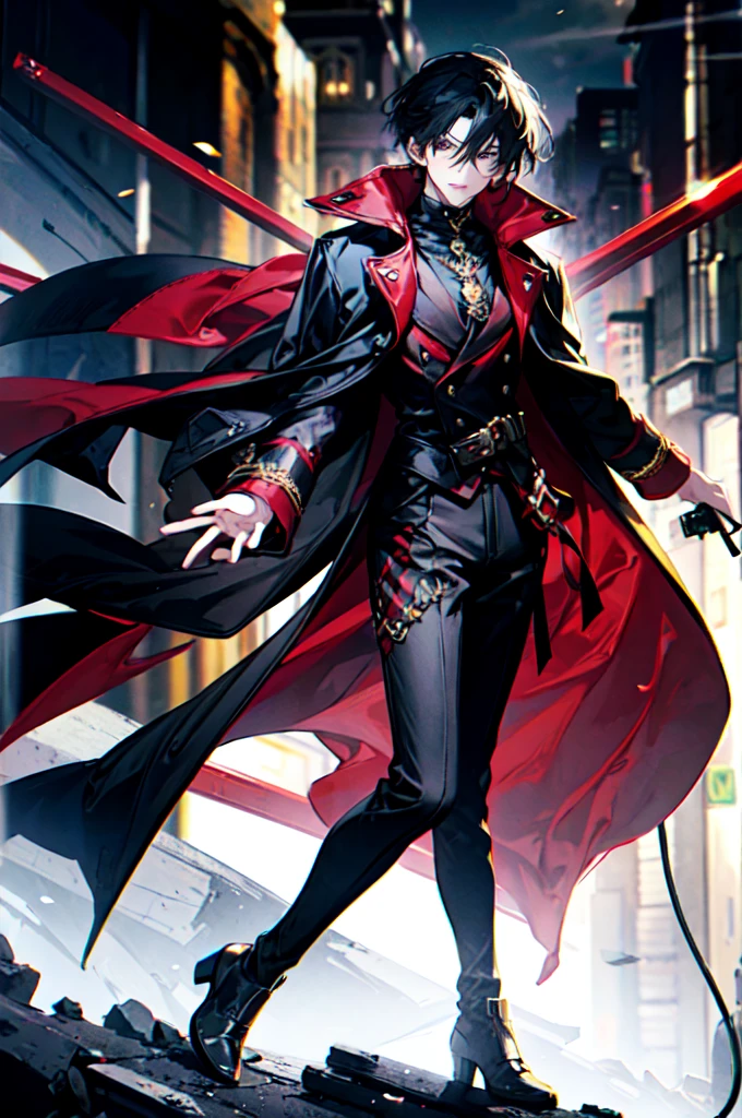 black t-shirt, red trench coat, long red coat, black top hat, black jeans, golden details, brown boots, black hair, black eyes, tall, ring leader, male, guy, mature, handsome, golden trails, offering hand to viewer, smiling, closer to viewer