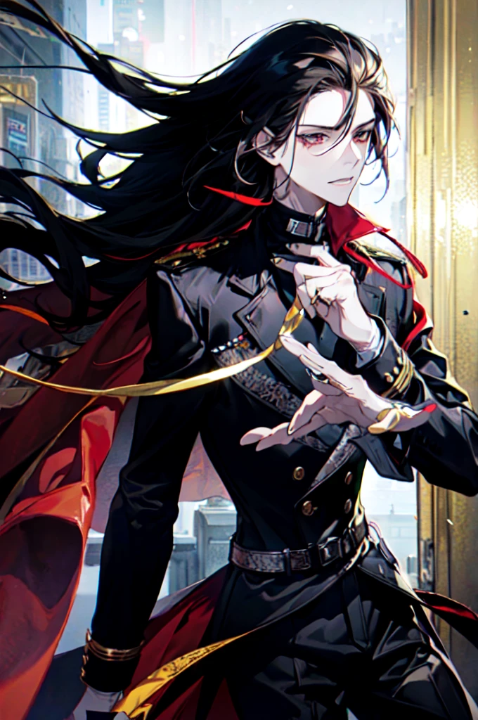 black t-shirt, red trench coat, long red coat, black top hat, black jeans, golden details, brown boots, black hair, black eyes, tall, ring leader, male, guy, mature, handsome, golden trails, offering hand to viewer, smiling, closer to viewer
