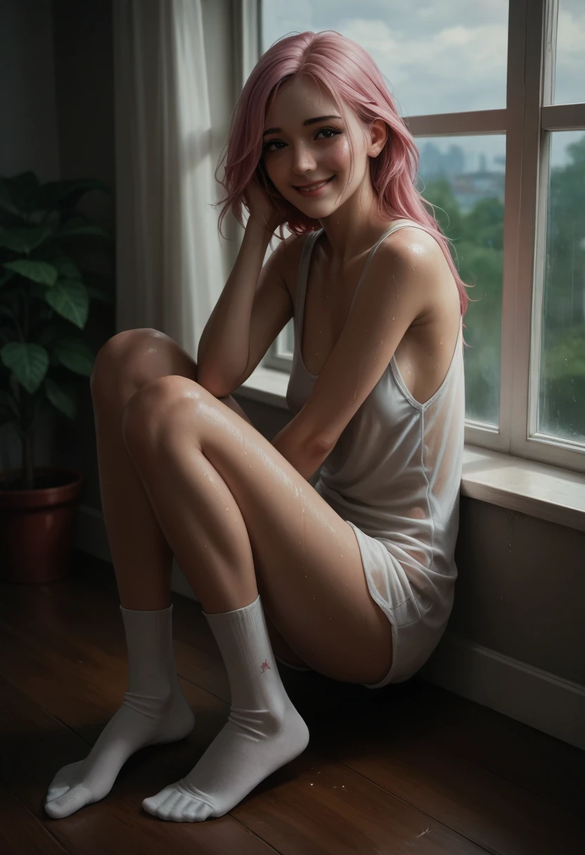 masterpiece, newest,
Highly detailed, 1girl, slender, shy smile, sweating, sitting, arms at sides,long legs, long blue and pink hair, no shoes,socks, beautiful black eyes, sagging clothes, realistic, windows,wet skin:0.1, red mask