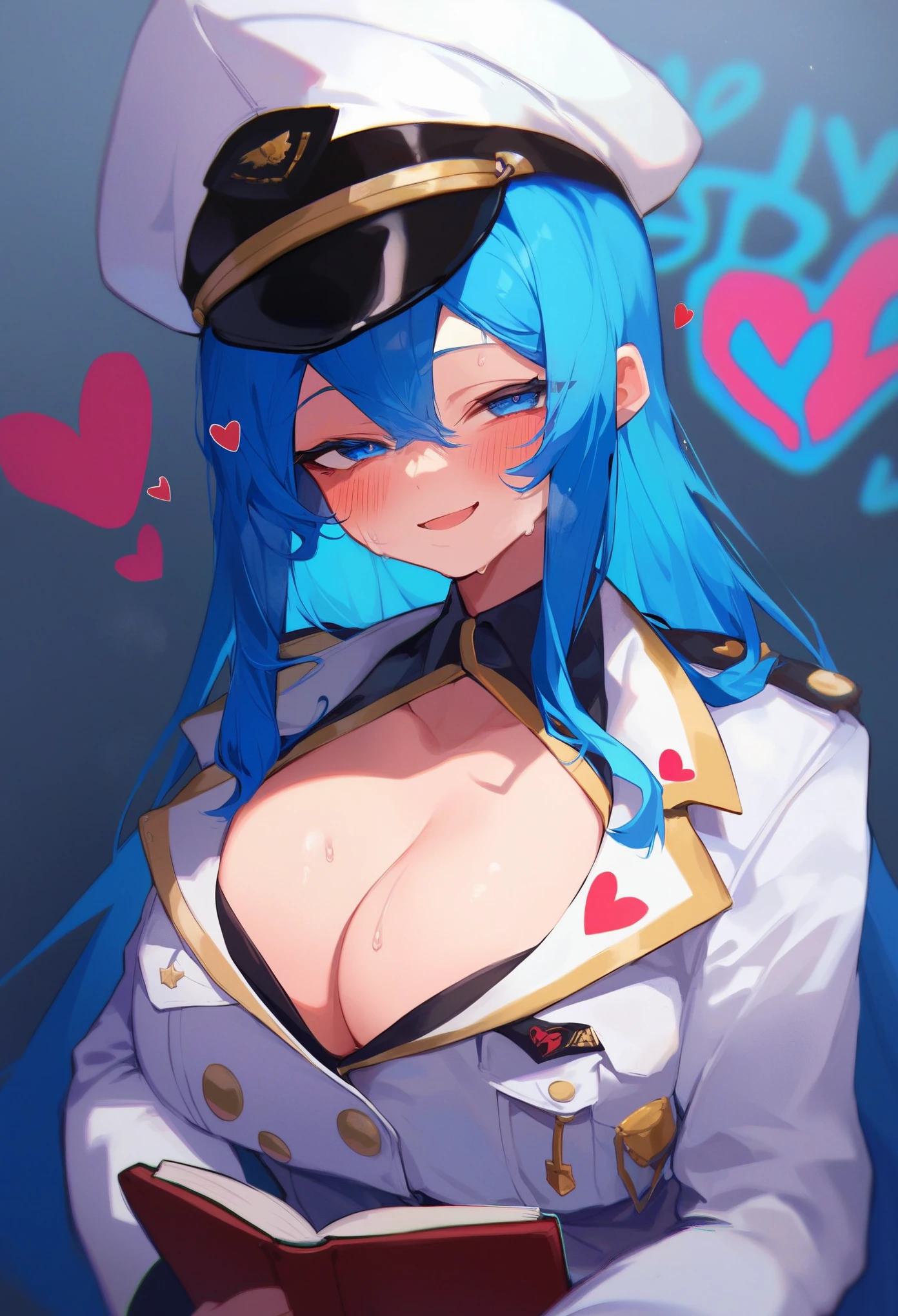 Score_9,score_8_up,score_7_up,solo,1girl,half-closed eyes,long hair,blue hair, breasts,cleavage,curvy,sweat,blush,looking at viewer,seductive smile,colored eyes,military hat,white uniform,holding book,cartoonized,too many hearts,graffiti,blue theme,gradient background,