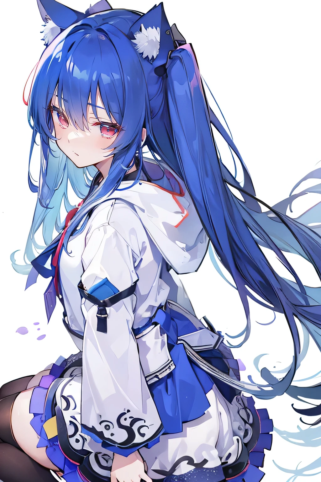 (masterpiece:1.2),Super detailed,lifelike,Expressive eyes,fair skin,perfect face shape,1 girl,
Japanese comics,Gorgeous blue hair,flowing blue hair,flowing clothes,Cat ears,Petals fall,beautiful lola,Baby Angel,
Shaking head with one hand,Cross your legs,Gentle and peaceful background,The pavilion is cool and comfortable,smile, wearing hoodie, background of tokyo,back views,snowing, winter,Angel wings,The world is open,shameful expression、Upper Body、close up、coat、skirt