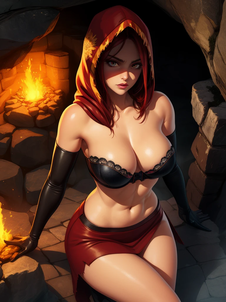 Dsorceress, redhair, shadowy face,dark cave, fire, hood, shadowed face, strapless bra, slim and athletic body, miniskirt, no panty, elbow gloves, dark skin, 1 girl (insanely detailed, masterpiece, best quality)