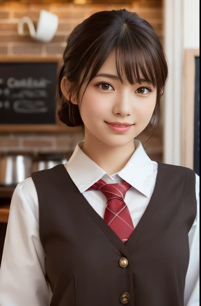 (Realistic: 1.4), (Highest quality: 1.4), Ultra-high resolution, (fine grain),One Young Woman,((Coffee shopの制服)),Coffee shopで働く,Big eyes,Blushed,Highly detailed face and skin texture,smile, Healthy Skin,(Coffee shop),8K resolution