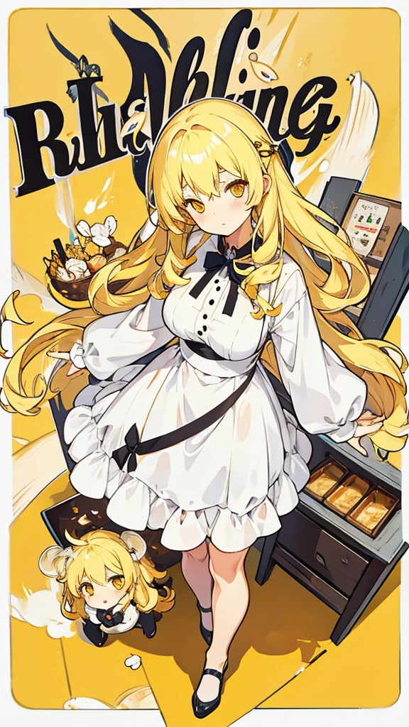 Cute, baby face, big breasts, cafe staff, long hair, blonde hair, yellow eyes, honey, white background, simple background