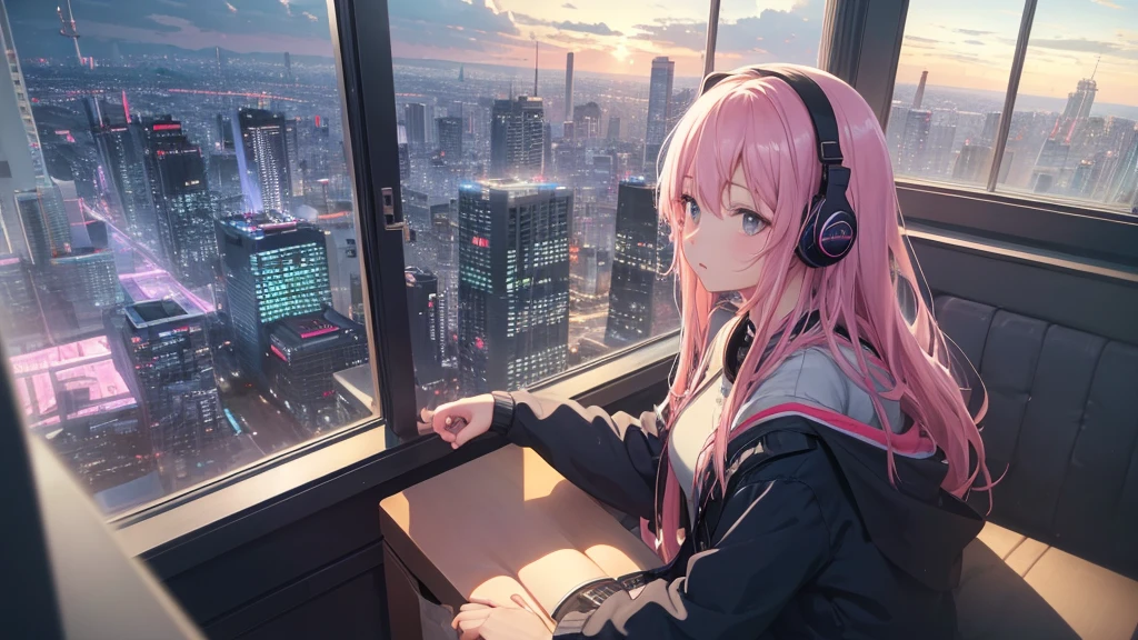 Absurd, Ultra-high resolution, (Official Art, beautifully、mysterious:1.2), Sit by the window and look outside, Girl listening to music with headphones, light pink long hair, Lo-fi Girl, Bright Sky, A vast world, Kaisei and Artgelm, Anime atmosphere, Lofi Artstyle, Anime Style 4k, Anime Aesthetics, Lo-fi feeling, Lofi Art, Anime Art Wallpapers 8K, An atmosphere of praise, Rooms with large windows, Emotional cityscape, city room