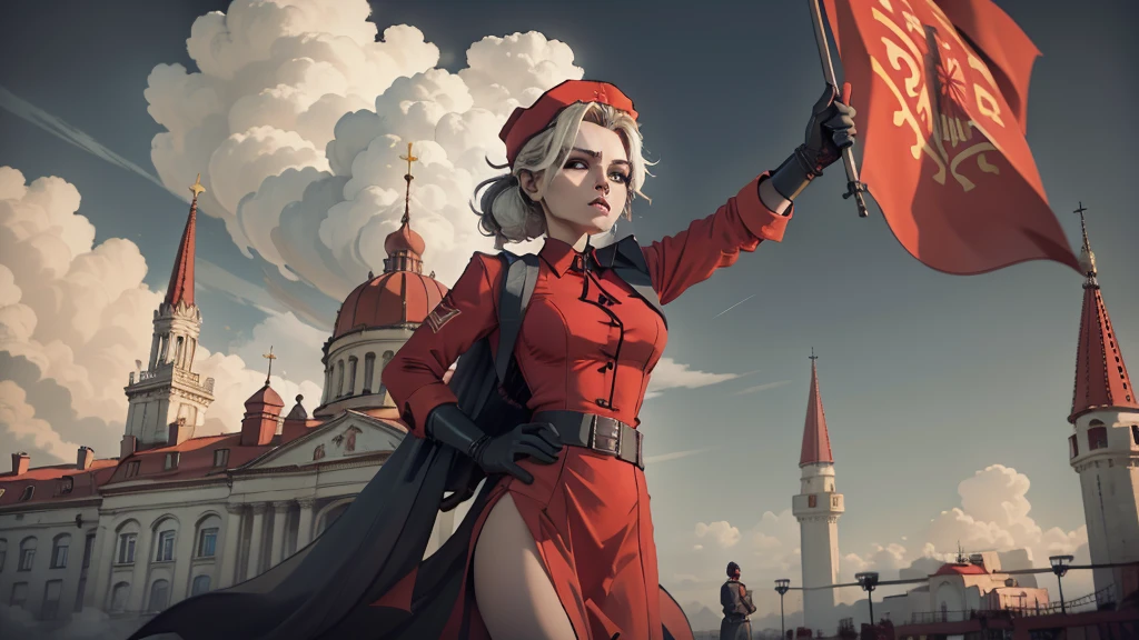 Soviet style scene,soviet maid,Red flag flying,Spectacular,Magnificent,style,