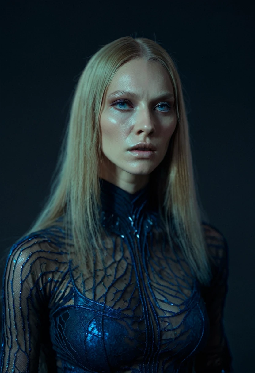 Fashionable of androgynous alien looking witch wearing veil, glowing eyes, beautiful evil slavic muscular woman, pale skin, long dark blond hair, futuristic design, minimal details, givenchy, photoreal, 200mm, hd, f/ 2.0, highly detailed, surreal , drop dead, in the style of red and blue, (intricate details, hyperdetailed:1.15) (skin texture:1.2), by Peter Hegre, photography studio,__perspective__, cinematic, professional, 4k, (((dynamic model pose))), sitting, full body, mesmerizing, dynamic, dramatic, sensual, dynamic pose, highly detailed skin with hair, subcutaneous veins, light and shadow play, highly detailed,24mm photograph, film, bokeh, professional, 4k,