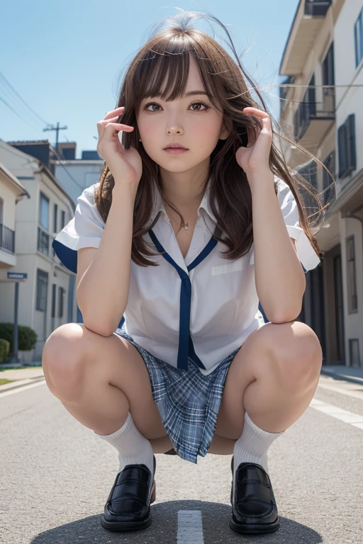 elegant, masterpiece, intricate, realistic, best quality, absurdres, detailed high face detail, perfect eyes, illustration, detailed, kawaii bad girl, feet out of frame, mini skirt, serafuku, kneehighs, loafers, squatting, wind blowing hair, smooth hair, beautiful hair, detailed hair, messy hair, short hair,